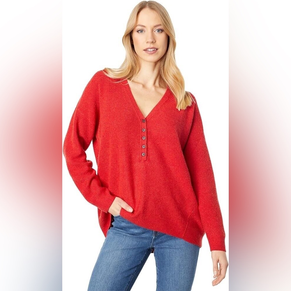 Madewell Asherton Viscose Wool Blend Henley Waffle Knit Sweater in Red, Size XS